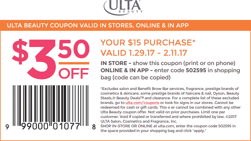 Ulta Beauty Coupon April 2024 $3 off $15 at Ulta Beauty, or online via promo code 502595