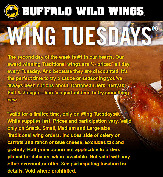 Buffalo Wild Wings Coupon April 2024 50% off wings today at Buffalo Wild Wings