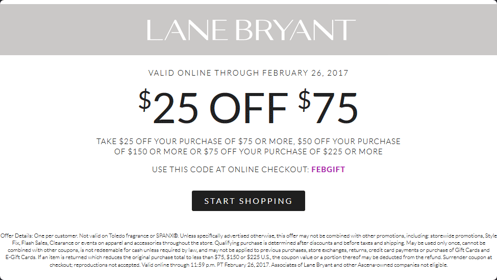 Lane Bryant Coupon April 2024 $25 off $75 at Lane Bryant, or online via promo code FEBGIFT