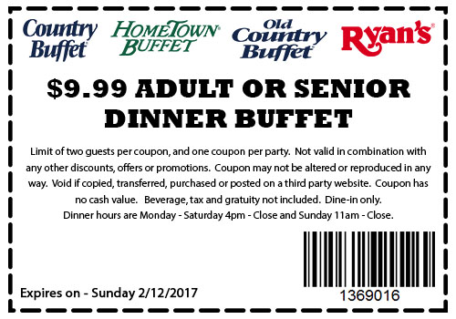 Old Country Buffet Coupon April 2024 $10 dinner buffet at Ryans, Hometown Buffet & Old Country Buffet