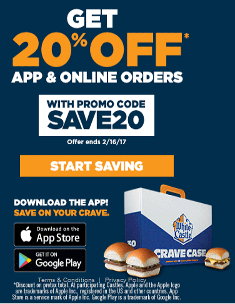 White Castle Coupon May 2024 20% off online at White Castle via promo code SAVE20