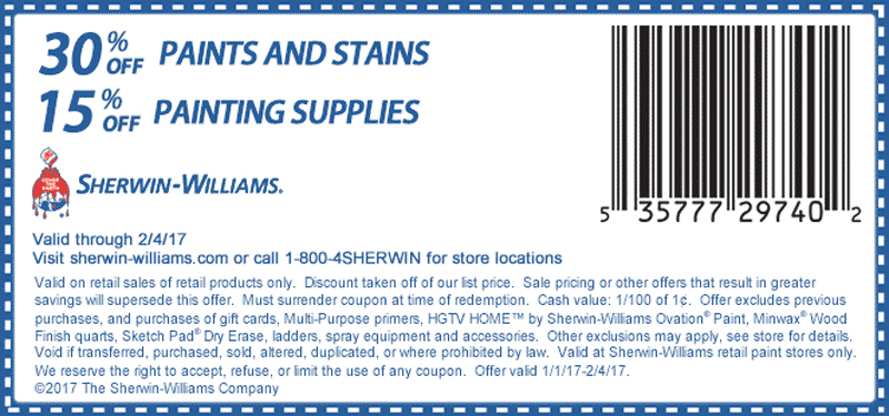 Sherwin Williams Coupon May 2024 30% off paints & stains at Sherwin Williams