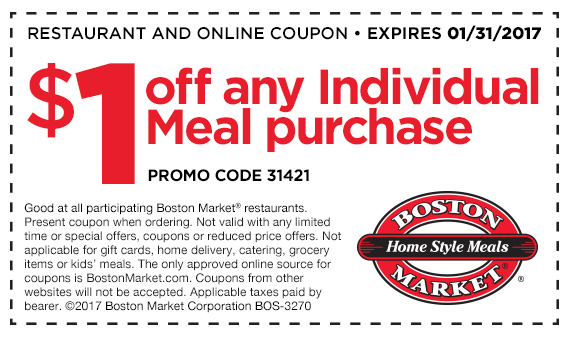 Boston Market Coupon March 2024 Knock a buck off your meal at Boston Market