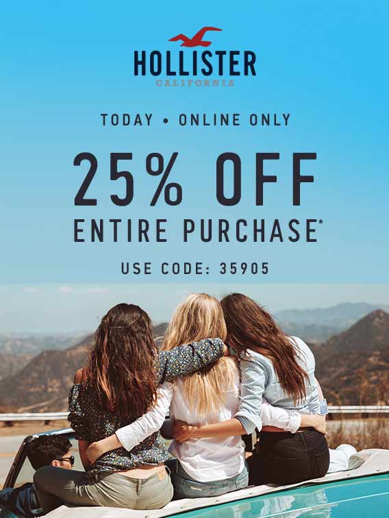 Hollister Coupon April 2024 25% off online today at Hollister via promo code 35905