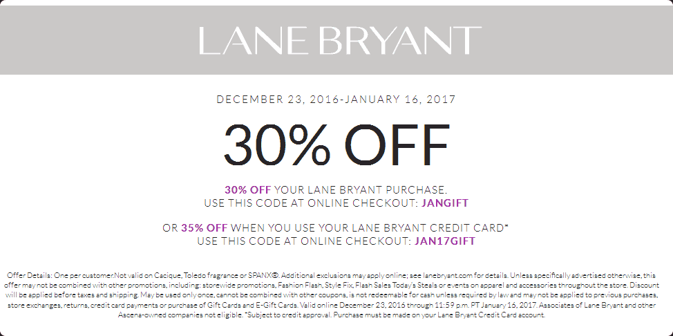 Lane Bryant Coupon April 2024 30% off at Lane Bryant, or online via promo code JANGIFT