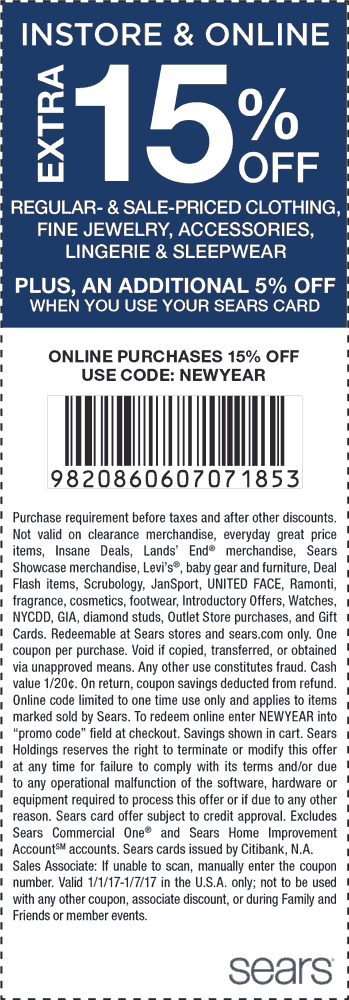 Sears Coupon April 2024 15% off apparel today at Sears, or online via promo code NEWYEAR