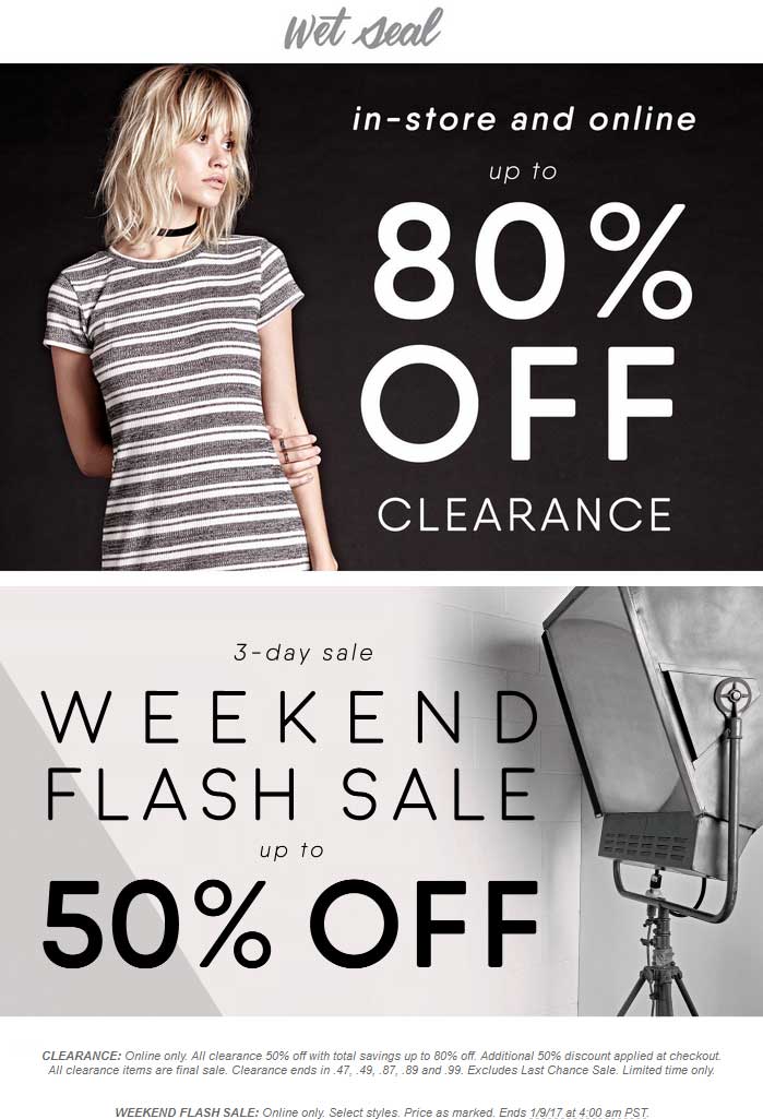 Wet Seal Coupon March 2024 Extra 50-80% off clearance online at Wet Seal