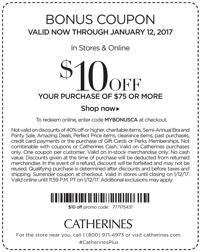 Catherines Coupon April 2024 $10 off $75 at Catherines, or online via promo code MYBONUSCA