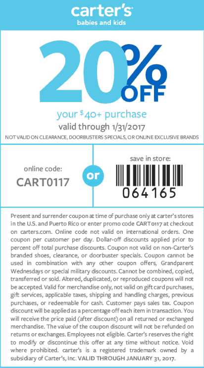 Carters Coupon April 2024 20% off $40 at Carters, or online via promo code CART0117