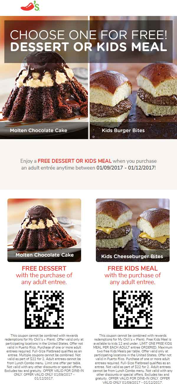 Chilis Coupon April 2024 Dessert or kids meal free with your entree at Chilis