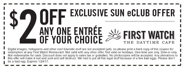 First Watch Coupon April 2024 $2 off an entree at First Watch cafe