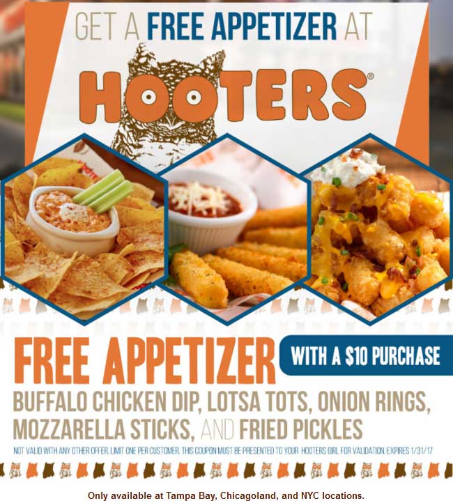 Hooters Coupon April 2024 Free appetizer with $10 spent at Chicago, NYC & Tampa Hooters
