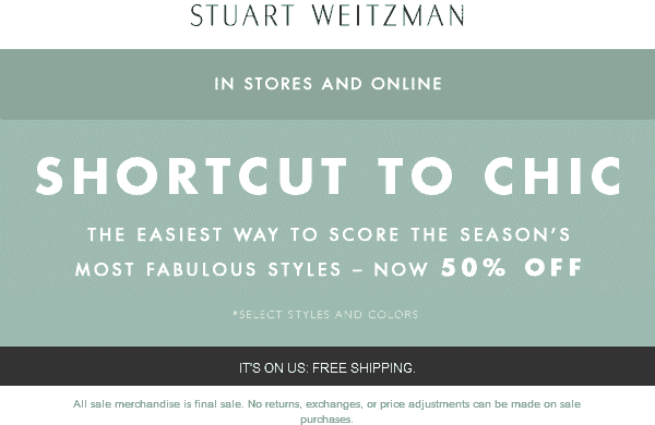 Stuart Weitzman Coupon April 2024 50% off sale items at Stuart Weitzman, ditto online