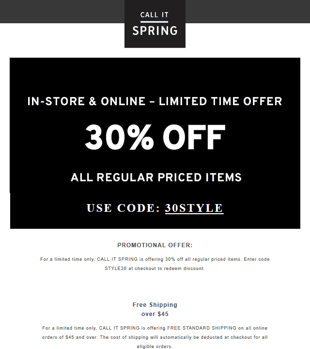 Call It Spring Coupon April 2024 30% off at Call It Spring, or online via promo code 30STYLE