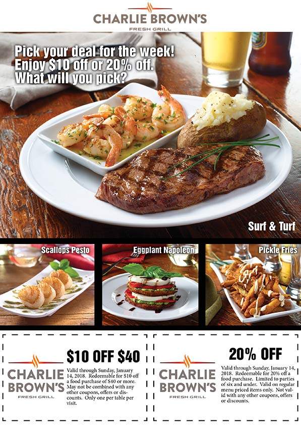 Charlie Browns Coupon April 2024 $10 off $40 at Charlie Browns fresh grill