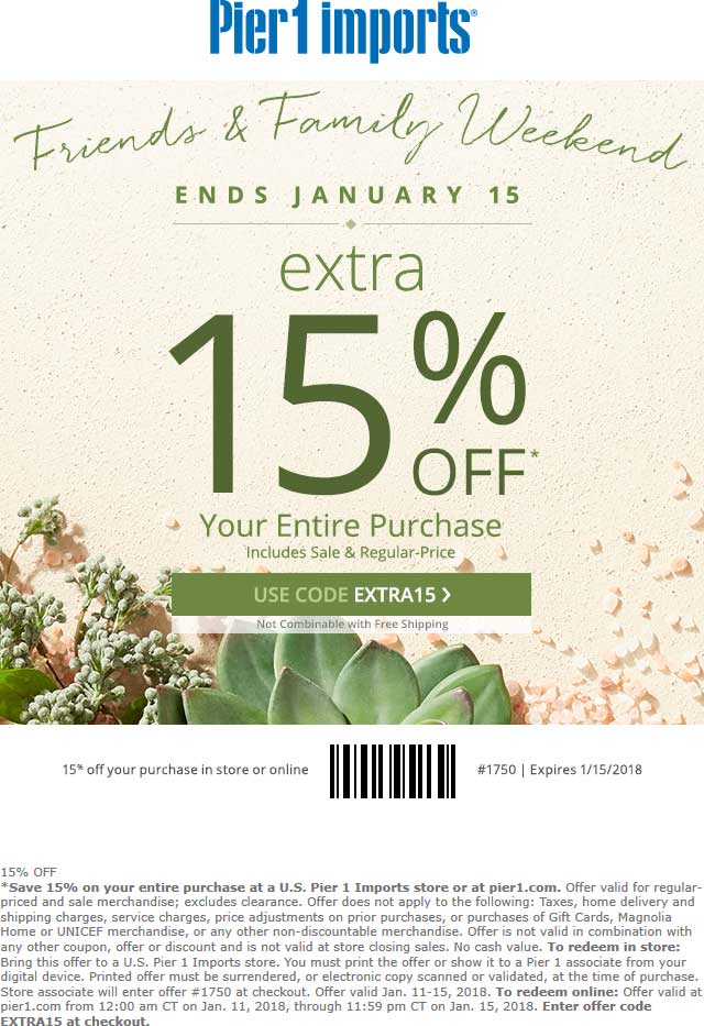Pier 1 Coupon April 2024 Extra 15% off at Pier 1 Imports, or online via promo code EXTRA15