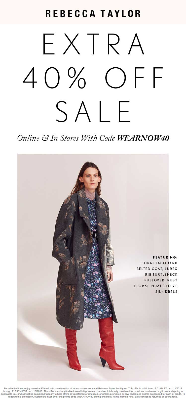 Rebecca Taylor Coupon April 2024 Extra 40% off sale items at Rebecca Taylor, or online via promo code WEARNOW40