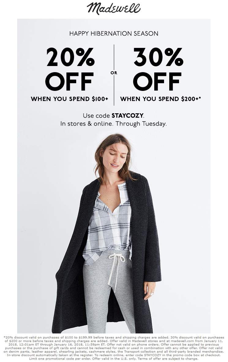 Madewell Coupon April 2024 20-30% off $100+ at Madewell, or online via promo code STAYCOZY