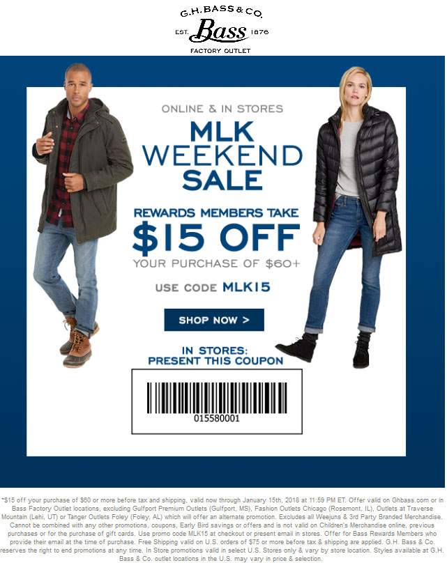 Bass Factory Outlet Coupon April 2024 $15 off $60 at Bass Factory Outlet, or online via promo code MLK15