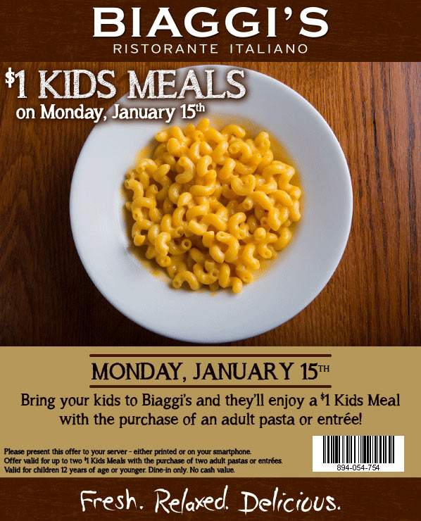 Biaggis Coupon April 2024 $1 kids meals with your entree Monday at Biaggis