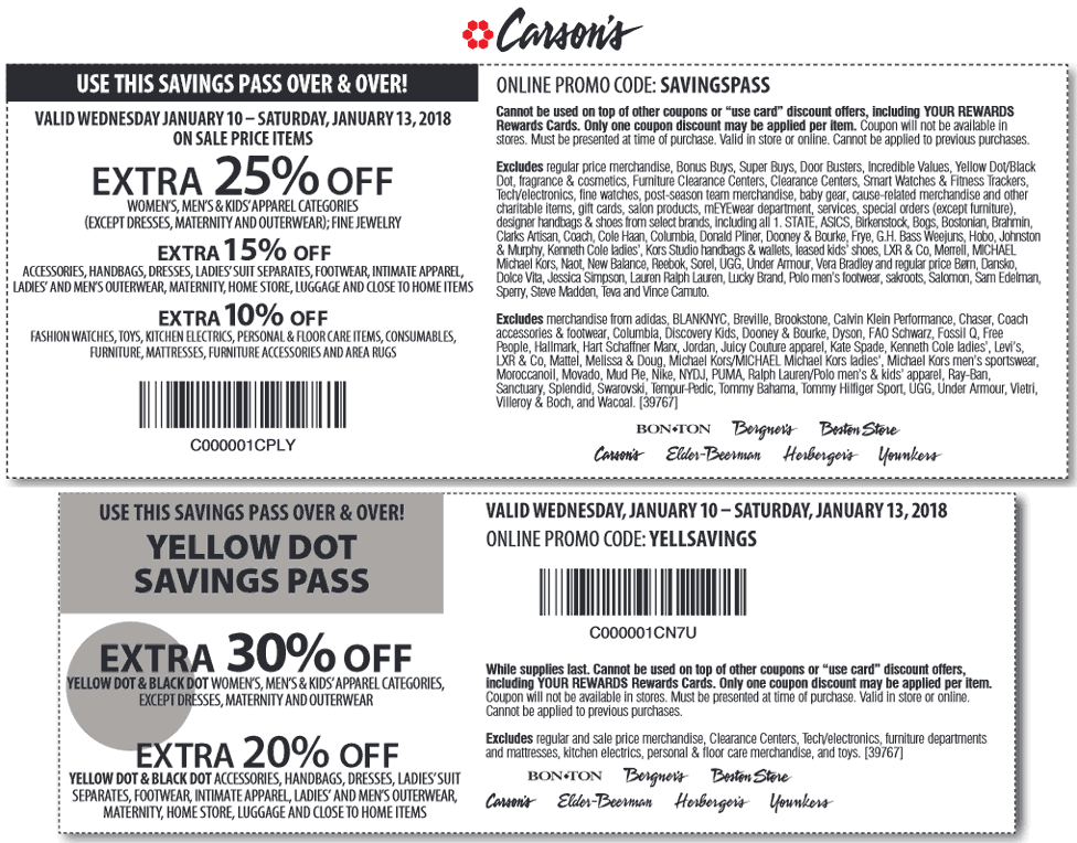Carsons Coupon March 2024 Extra 25% off sale items today at Carsons, or online via promo code SAVINGSPASS