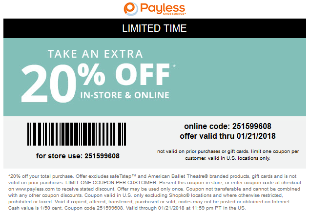 Payless Shoesource Coupon April 2024 Extra 20% off at Payless Shoesource, or online via promo code 251599608
