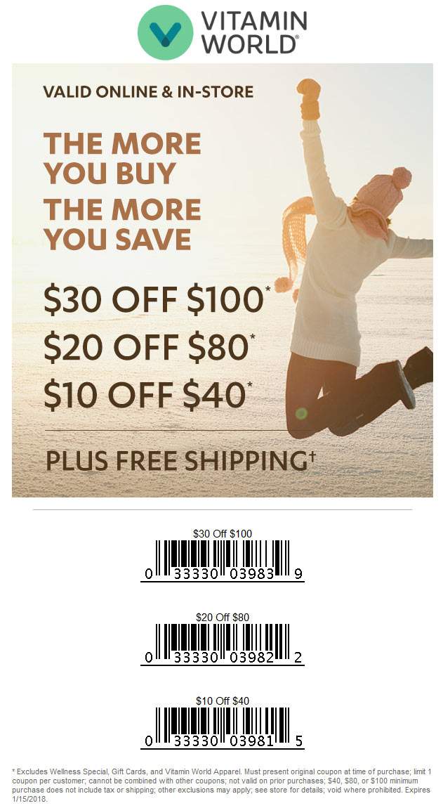 Vitamin World Coupon April 2024 $10 off $40 & more at Vitamin World, or online via promo code VE01A5A