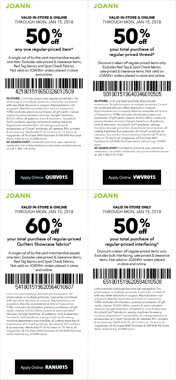 Jo-Ann Fabric Coupon April 2024 50% off a single item at Jo-Ann Fabric, or online via promo code QUBV015