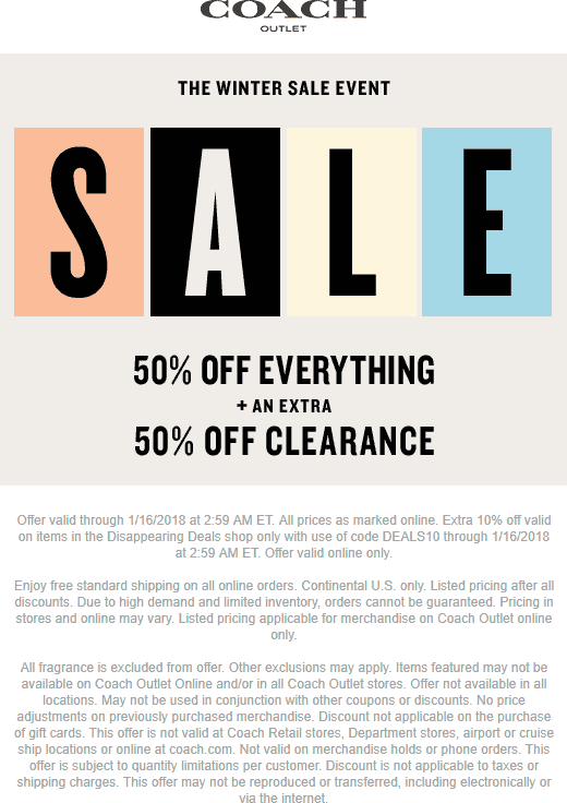 Coach Outlet Coupon April 2024 50% off everything today at COACH Outlet