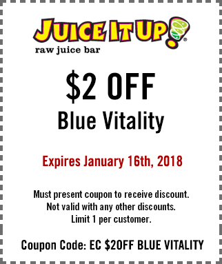 Juice It Up Coupon April 2024 $2 off blue vitality smoothie today at Juice It Up