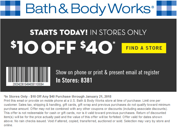 Bath & Body Works Coupon March 2024 $10 off $40 at Bath & Body Works
