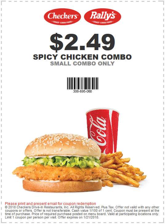 Checkers Coupon April 2024 Spicy chicken sandwich + fries + drink = $2.49 at Rallys & Checkers