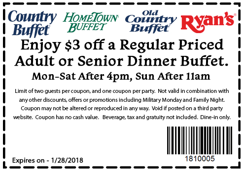Old Country Buffet Coupon April 2024 $3 off your buffet at HomeTown Buffet, Ryans & Old Country Buffet restaurants