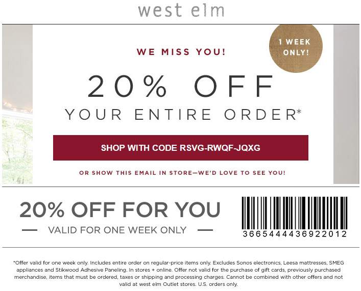 West Elm Coupon March 2024 20% off at West Elm, or online via promo code RSVG-RWQF-JQXG