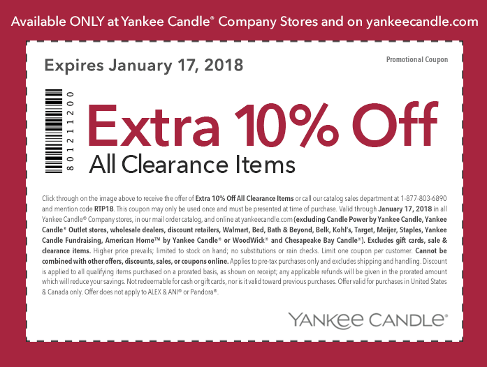Yankee Candle Coupon April 2024 Extra 10% off clearance today at Yankee Candle, or online via promo code RTP18
