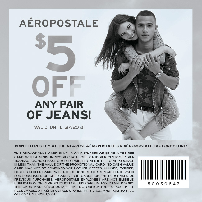 Aeropostale Coupon March 2024 $5 off jeans at Aeropostale