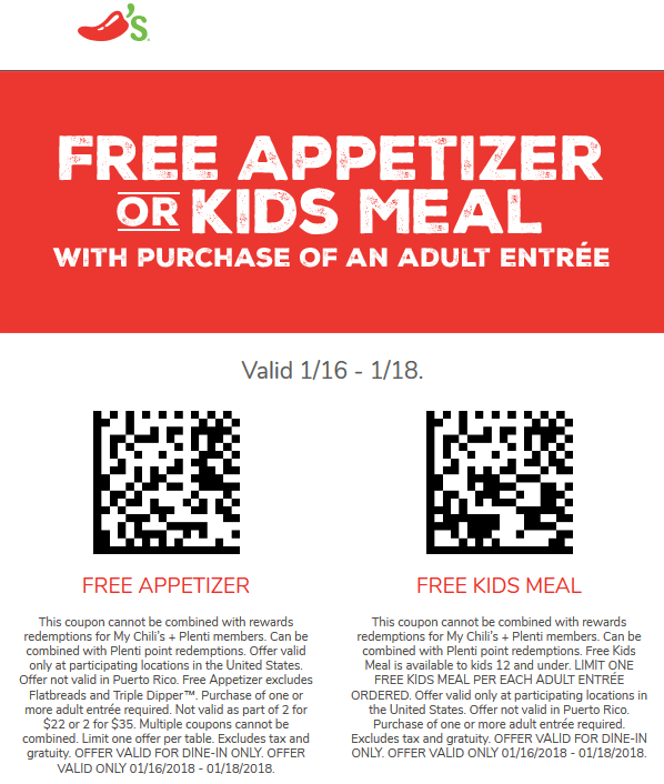 Chilis Coupon April 2024 Free appetizer or kids meal with your entree today at Chilis