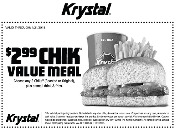 Krystal Coupon March 2024 2 chiks + fries + drink = $2.99 at Krystal