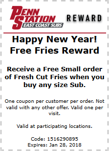 Penn Station Coupon April 2024 Free fries with your sub sandwich at Penn Station