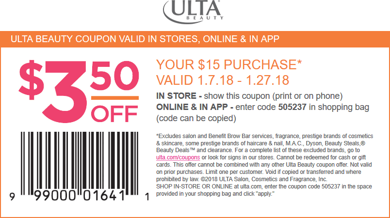 Ulta Beauty Coupon April 2024 $3.50 off $15 at Ulta Beauty, or online via promo code 505237