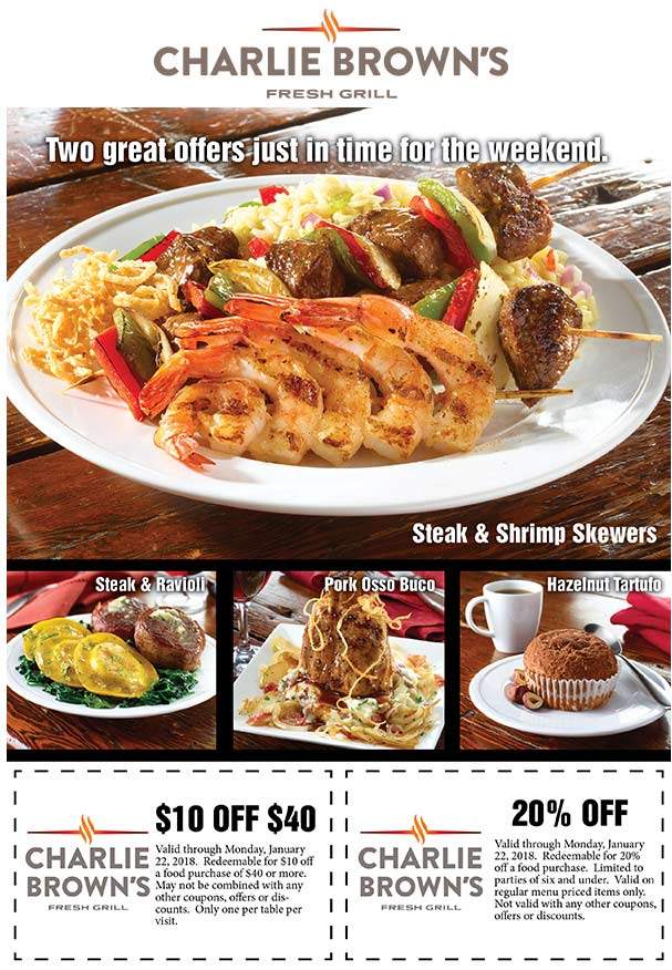Charlie Browns Coupon April 2024 20% or $10 off $40 at Charlie Browns fresh grill