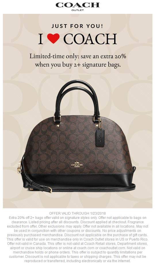 Coach Outlet Coupon April 2024 Extra 20% off 2+ bags at Coach Outlet
