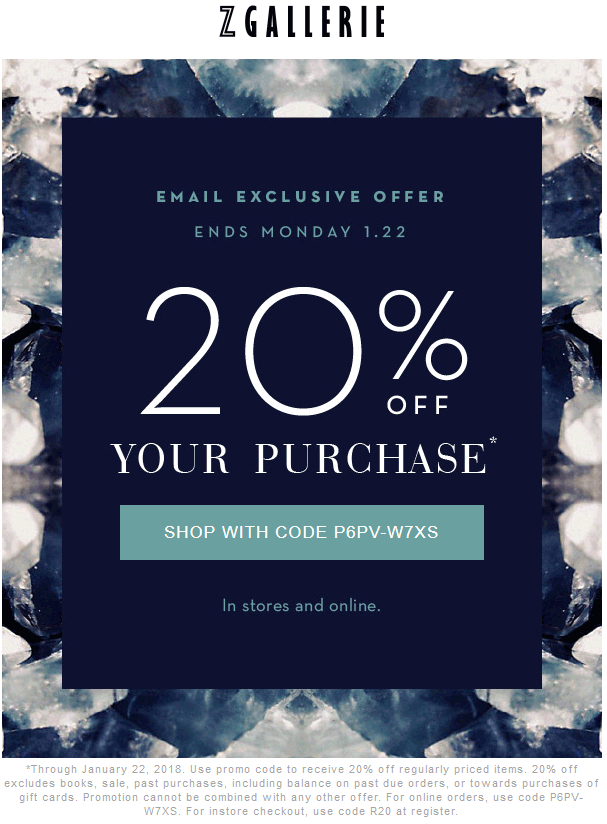 Z Gallerie Coupon April 2024 20% off at Z Gallerie, or online via promo code P6PV-W7XS