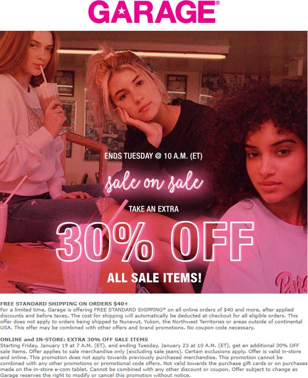 Garage Coupon April 2024 Extra 30% off sale items at Garage, ditto online