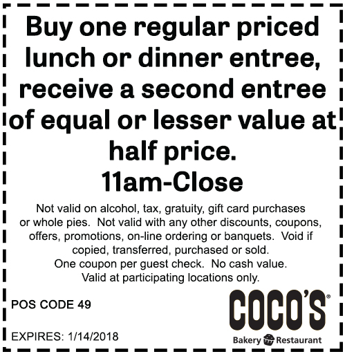 Cocos Coupon April 2024 Second entree 50% off at Cocos bakery