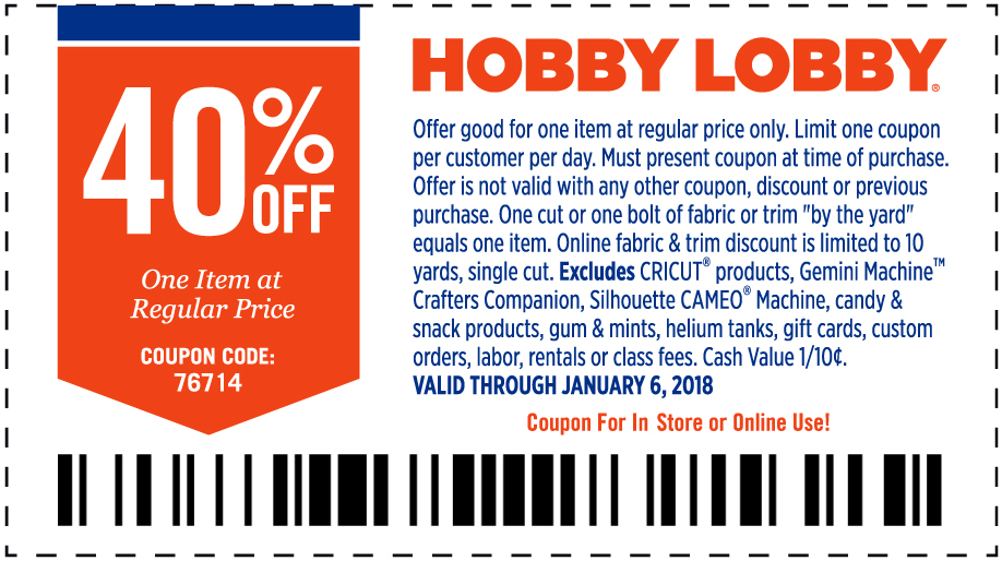 Hobby Lobby Coupon April 2024 40% off a single item at Hobby Lobby, or online via promo code 76714
