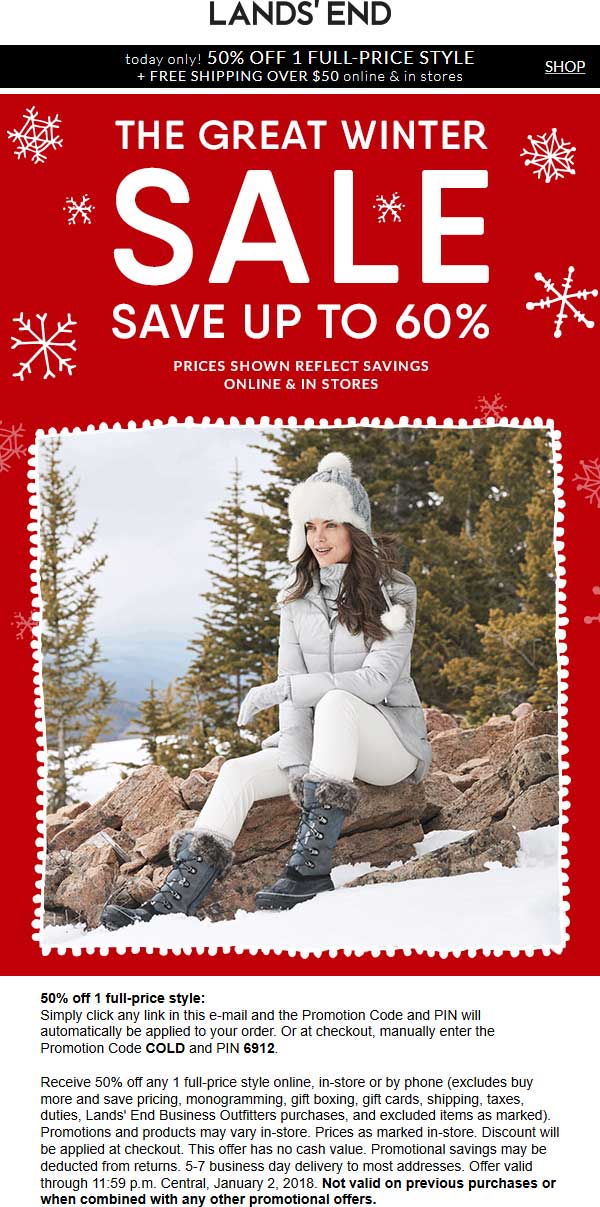 Lands End Coupon April 2024 50% off a single item online today at Lands End via promo code COLD and pin 6912