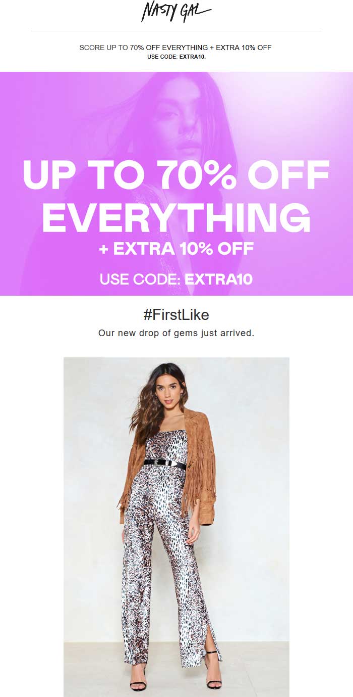 Nasty Gal Coupon April 2024 50-70% off everything at Nasty Gal + 10% more online via promo code EXTRA10