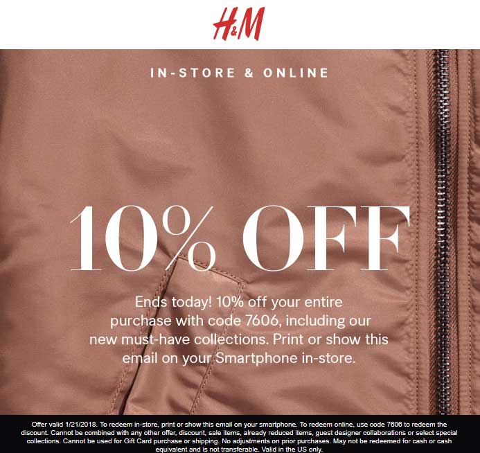 H&M Coupon April 2024 Quick 10% off everything today at H&M, or online via promo code 7606