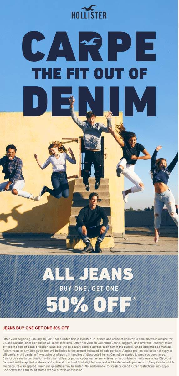 Hollister Coupon April 2024 Second pair of jeans 50% off at Hollister, ditto online